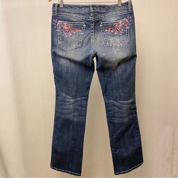 Wrangler 9/10 Rock 47 Ultra Low Rise Jeans Bootcut Womens Colorful Wings Stretch - Picture 12 of 13